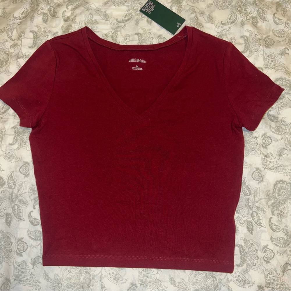 Wild Fable Women's Burgundy Cropped V-Neck Tee Medium